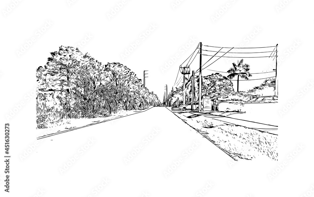 Building view with landmark of Jupiter is the 
town in Florida. Hand drawn sketch illustration in vector.