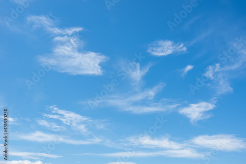 Little beautiful cirrus clouds in the blue sky. Perfect background of blue sky and white clouds for your photos, design layout. © Alena