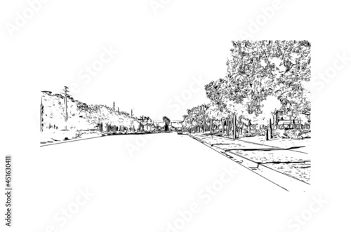 Building view with landmark of Jupiter is the town in Florida. Hand drawn sketch illustration in vector.