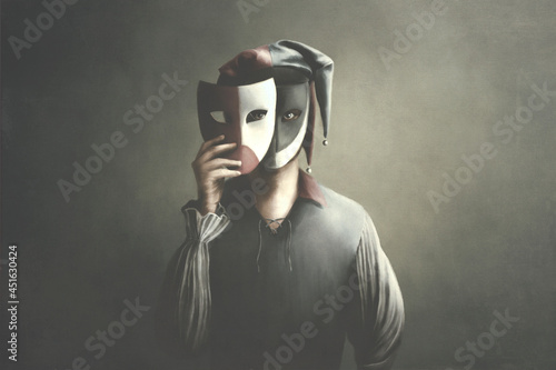 Illustration of jester clown hiding his face with theatrical masks, surreal concept