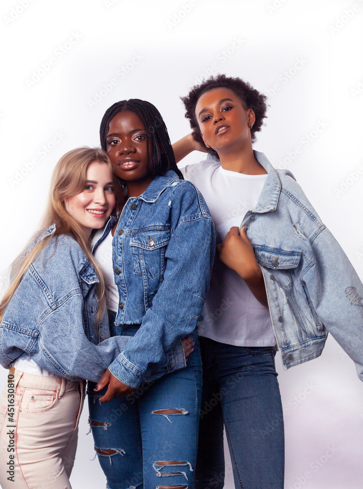 diverse multi nation girls group, teenage friends company cheerful having fun, happy smiling, cute posing isolated on white background, lifestyle people concept, african-american and caucasian diverse multi nation girls group, teenage friends company cheerful having fun, happy smiling, cute posing isolated on white background, lifestyle people concept, african-american and caucasian
