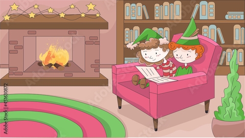 Festive picture with reading small children bringing to mind elves or gnomes near the fireplace. Cozy, calm and warm Christmas atmosphere.