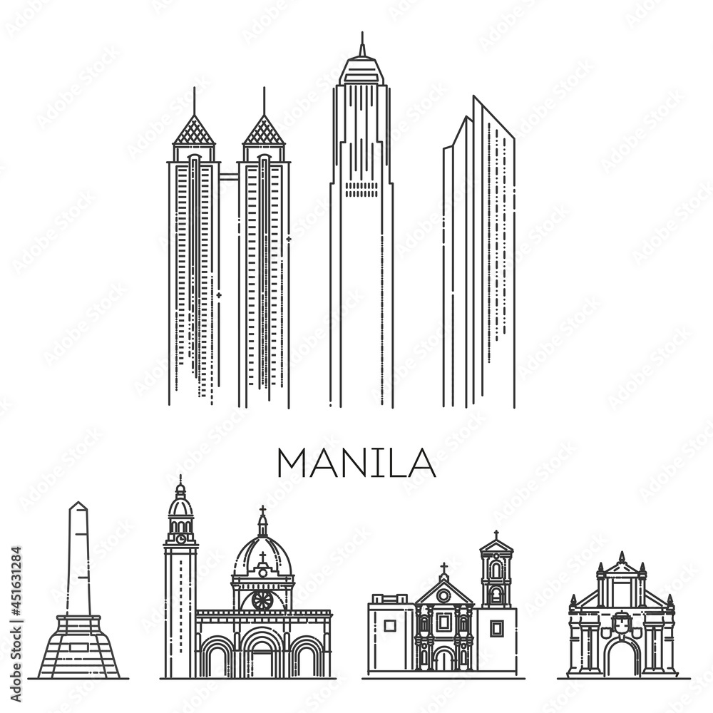 Historic buildings from the streets of Manila, outline. Stock Vector ...