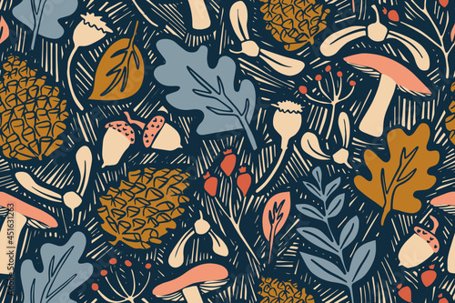 Autumn botanicals vector linocut seamless pattern - floral design for fabric, wrapping, textile, wallpaper, background.