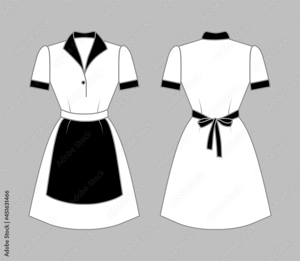 Maid uniform front and back view. White women clothing with a black apron, collar and cuffs. Vector illustration Maid uniform front and back view. White women clothing with a black apron, collar and cuffs. Vector illustration