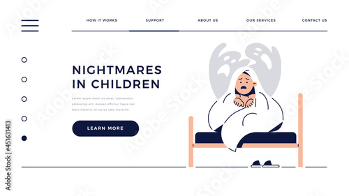 Nightmares in Children web template. Scared boy hides under blanket from ghost, child is frightened of monster from bad dream. Childhood fears, Kids nightmares for homepage.Flat vector illustration