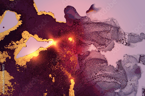 Abstract purple, pink and gold fluid art alcohol ink pattern with marble texture. Modern luxury background with watercolor splash and golden glitter for poster, flyer, brochure design.
