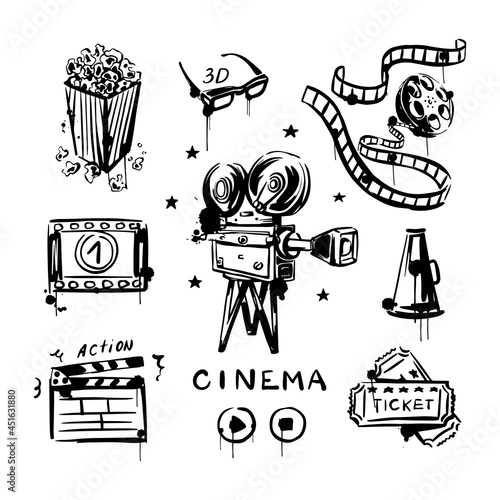 Vintage set with cotton reels, camera, speaker and popcorn, tickets isolated on a white background. A sketch of a vector illustration. Cinema and film production. Hand drawn