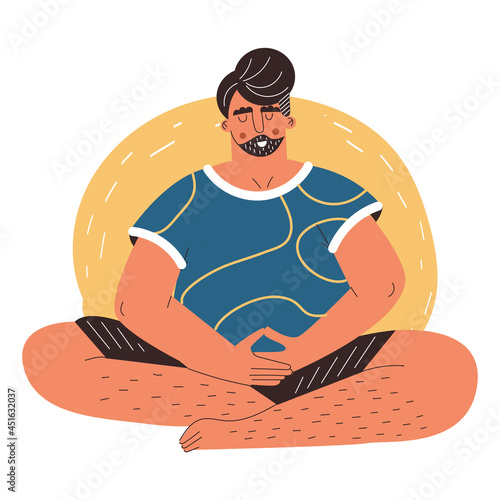 Man practicing yoga and breath control. Young guy practicing meditation, breathing exercises, relaxing in yoga lotus pose. Calm and mental balance. Flat vector cartoon illustration, isolated on white