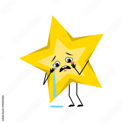 Cute star character with crying and tears emotion, sad face, depressive eyes, arms and legs. Space and weather symbol with kind expression