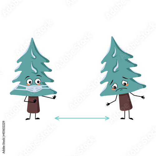 Cute Christmas tree with sad emotions, face and mask keep distance, arms and legs. Pine with eyes. New year festive decoration, joyful fir