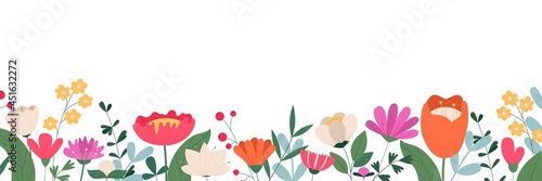 Horizontal banner decorated with blooming flowers and leaves. Spring floral backdrop. Flat vector illustration on white background