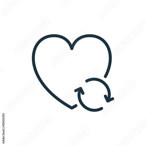 Transplant and Donate of Heart with Arrow Line Icon. Recycle and Renovation Organ Linear Pictogram. Heart Donation Outline Icon. Editable Stroke. Isolated Vector Illustration
