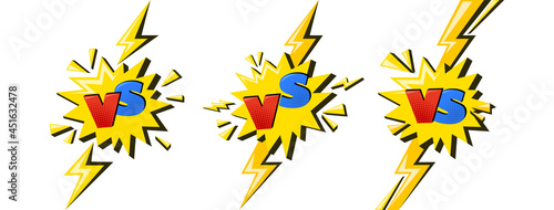 Superhero versus sign with lightning. VS letters in yellow star as symbol of battle and confrontation. Comic vector illustration isolated in white background