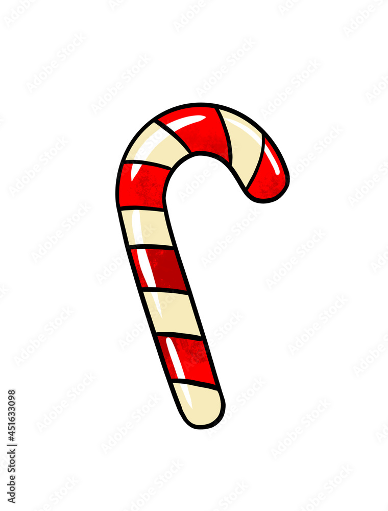 Illustration of a color drawing of sweets: lollipop in the form of a caramel cane red and white on a white isolated background. High quality illustration Illustration of a color drawing of sweets: lollipop in the form of a caramel cane red and white on a white isolated background. High quality illustration