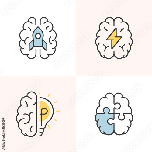 Set of creative line icons of brain with various creative elements.