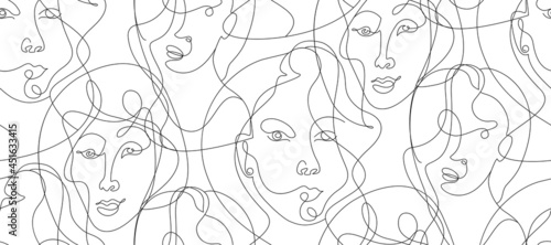 abstract seamless pattern with one line portrait of a girl in the style of cubism and picasso isolated on a white background