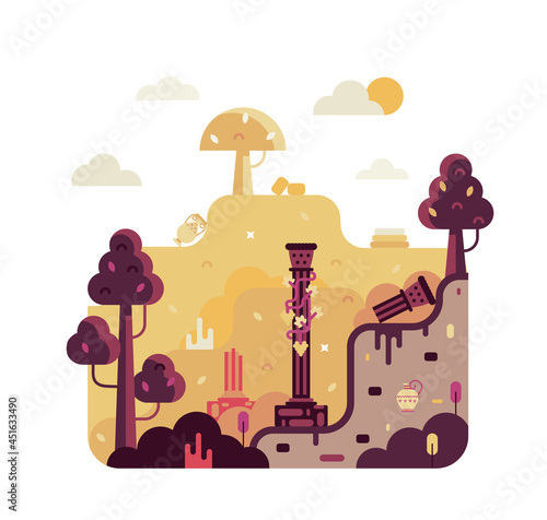 Column entwined with grapes stands on the excavations of the ancient city, amphorae and the walls of the ancient city lie underground. Vector illustration in flat stile