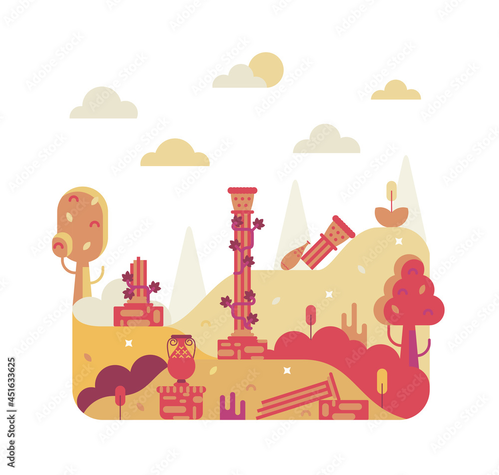 Unearthed remains of an european ancient civilization. Vector square cartoon illustration in flat design