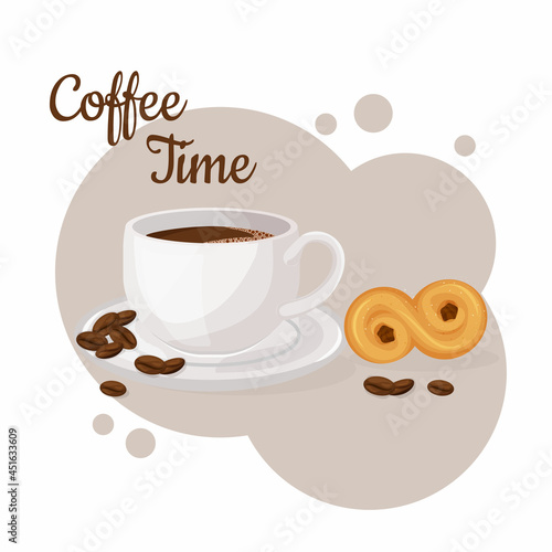 Cup of coffee and lussekatt. Coffee time concept. Isolated hand drawn vector illustration of cute breakfast food. 