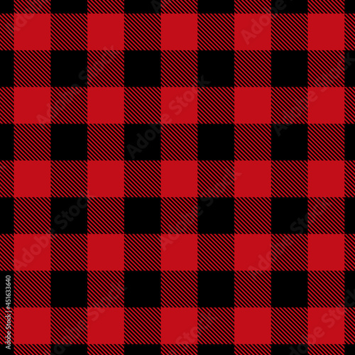 Abstract geometric tartan check seamless pattern. Buffalo check plaid gingham checker black, red. Endless texture with for decorative paper, fabric. Vector Christmas background.