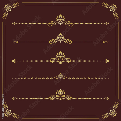 Vintage set of vector golden patterns. Horizontal separators in the frame. Collection of golden different ornaments. Classic patterns. Set of vintage patterns