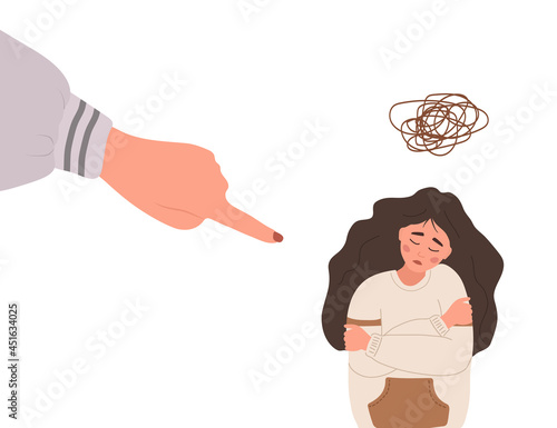 Social bullying. Finger pointing on sad girl. Depressed teenager sitting on floor and crying. Violence in school. Vector illustration in flat cartoon style.
