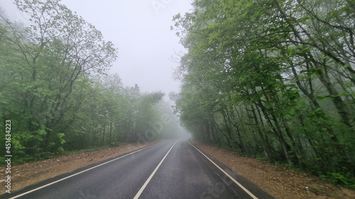 through the windshield of the car road in the fog. 