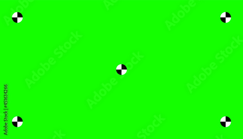 Chroma key, blank green background with motion tracking points. Visual effects compositing. Screen backdrop template. Vector illustration.