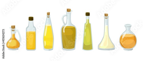 Glass bottles of different types of oils. Cold pressed coconut, cannabis, canola, corn, olive and hemp oil for cooking cartoon illustration set isolated on white background. Kitchen concept