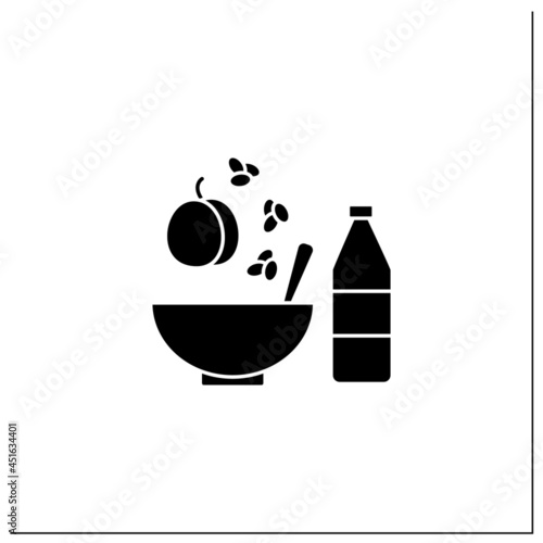 Healthy food glyph icon. Crunchy oat clusters with peach and yogurt for breakfast. High health care level. Dash diet concept.Filled flat sign. Isolated silhouette vector illustration