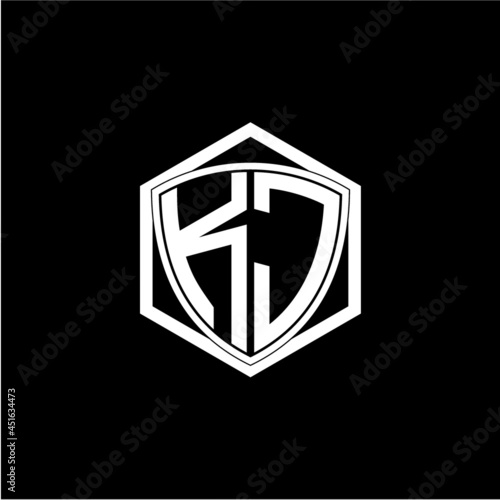 initial letter K J shield with hexagon frame © zerogami
