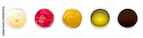 Big sauce in bowls set. Soy, Olive Oil, Mustard, Ketchup and Mayonnaise sauces. Condiment elements for food design.