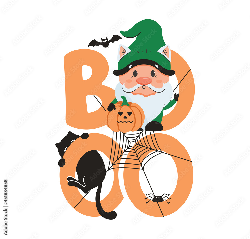 Naklejka premium The Halloween image with gnome, text Boo, cat and spider