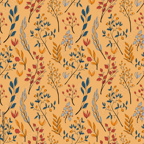Vector seamless autumn pattern of cute tiny orange, red, blue, and grey branches stylized in a flat and doodle style in the orange background. Hand-drawn leaf texture.Background for textile wallpapers