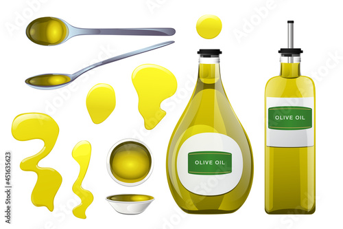Olive oil glass bottle, stain, spoon and bowl set in cartoon style.