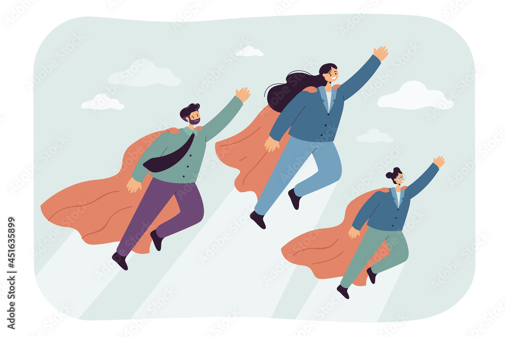 Cartoon family of superheroes flying up. Flat vector illustration. Mother, father, daughter as powerful rescue team in suits with flying capes. Family, power, business, teamwork, imagination concept