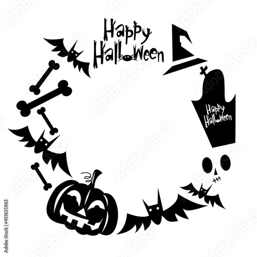 Vector happy halloween round frame with set of icons with bones, witch hat, pumpkin, skull, headstone, bat and text Happy Halloween