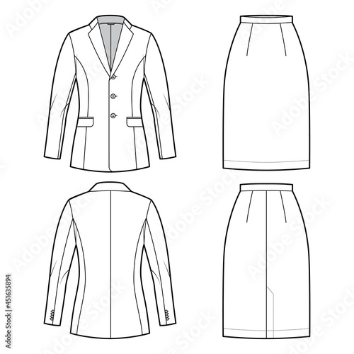 Set of skirt Suit with classic jacket technical fashion illustration with two - piece, single breasted, fitted body. Flat apparel template front, back, white color style. Women, men, unisex CAD mockup