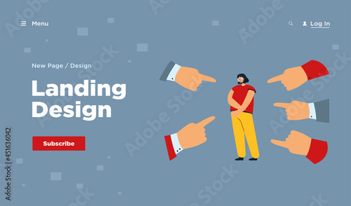 Fingers pointing at sad depressed girl. People accusing young woman. Cartoon vector illustration for victim blaming, conviction, denunciation, guilt or shame concept