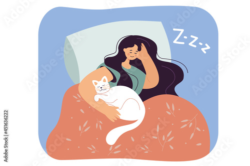 Girl sleeping in bed with white cat. Flat vector illustration. Young woman relaxing in comfortable bed, lying under duvet, hugging her beloved pet, dreaming. Pet, animal, home, comfort, rest concept