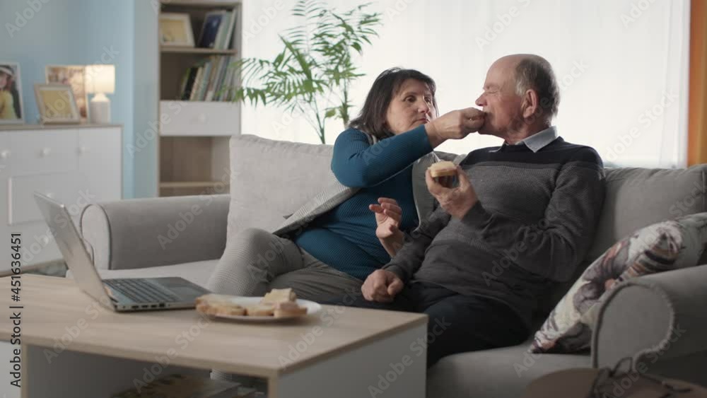 loving elderly couple enjoy time together and eat sandwich while sitting on sofa in living room loving elderly couple enjoy time together and eat sandwich while sitting on sofa in living room
