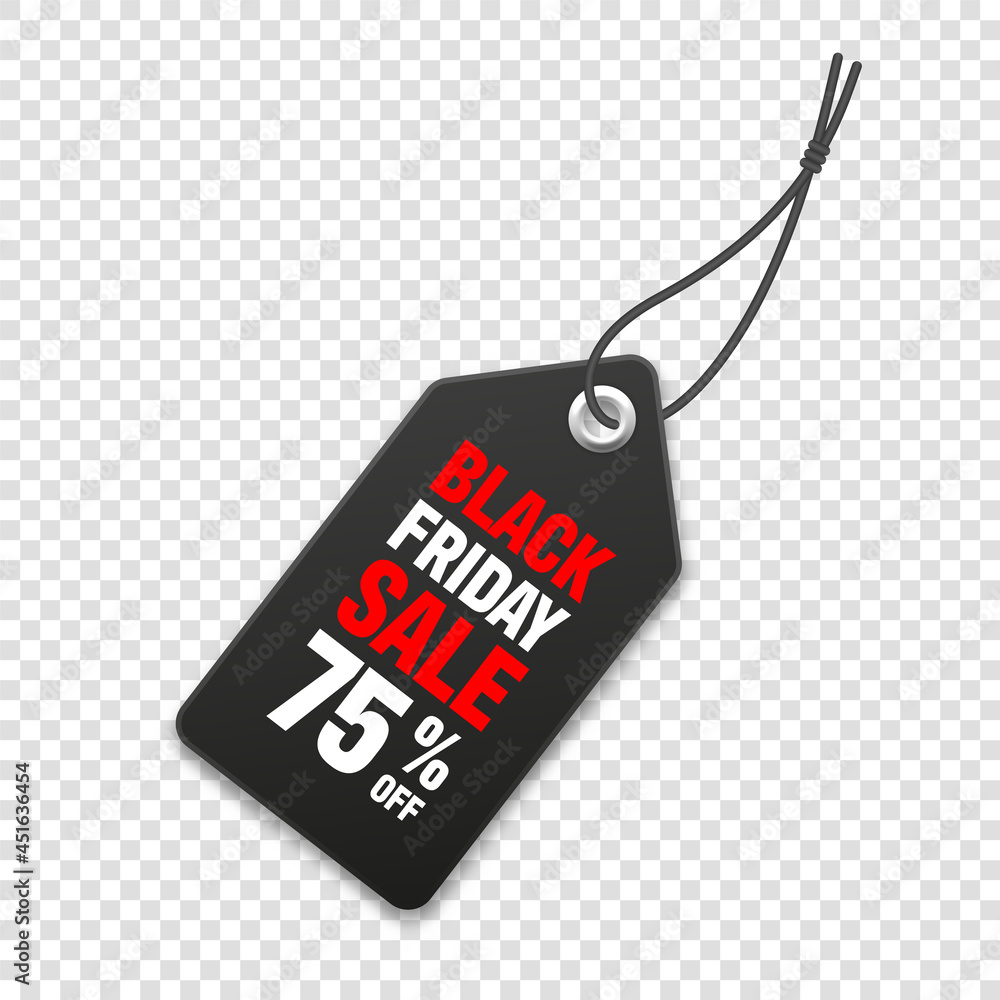 Realistic black price tag. Special offer or shopping discount label. Retail paper sticker. Promotional sale badge with text. Vector illustration.