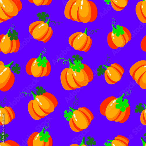 Vector seamless pattern  fresh ripe yellow orange pumpkins with green leaves on dark violet background. Colorful design for textile  wrapping paper  wall decor . Halloween   harvest  healthy food.