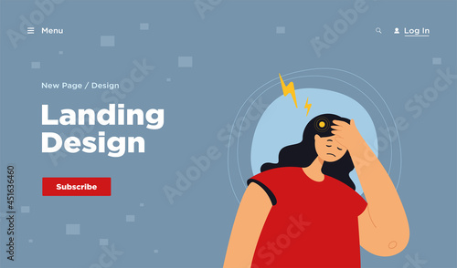Sad woman suffering from headache. Tired female with migraine, pain, stress from work flat vector illustration. Headache, burnout, health problem concept for banner, website design or landing web page