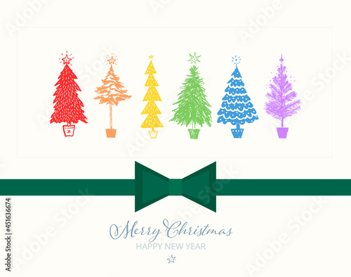 Christmas greeting card with rainbow christmas trees and green ribbon on white background