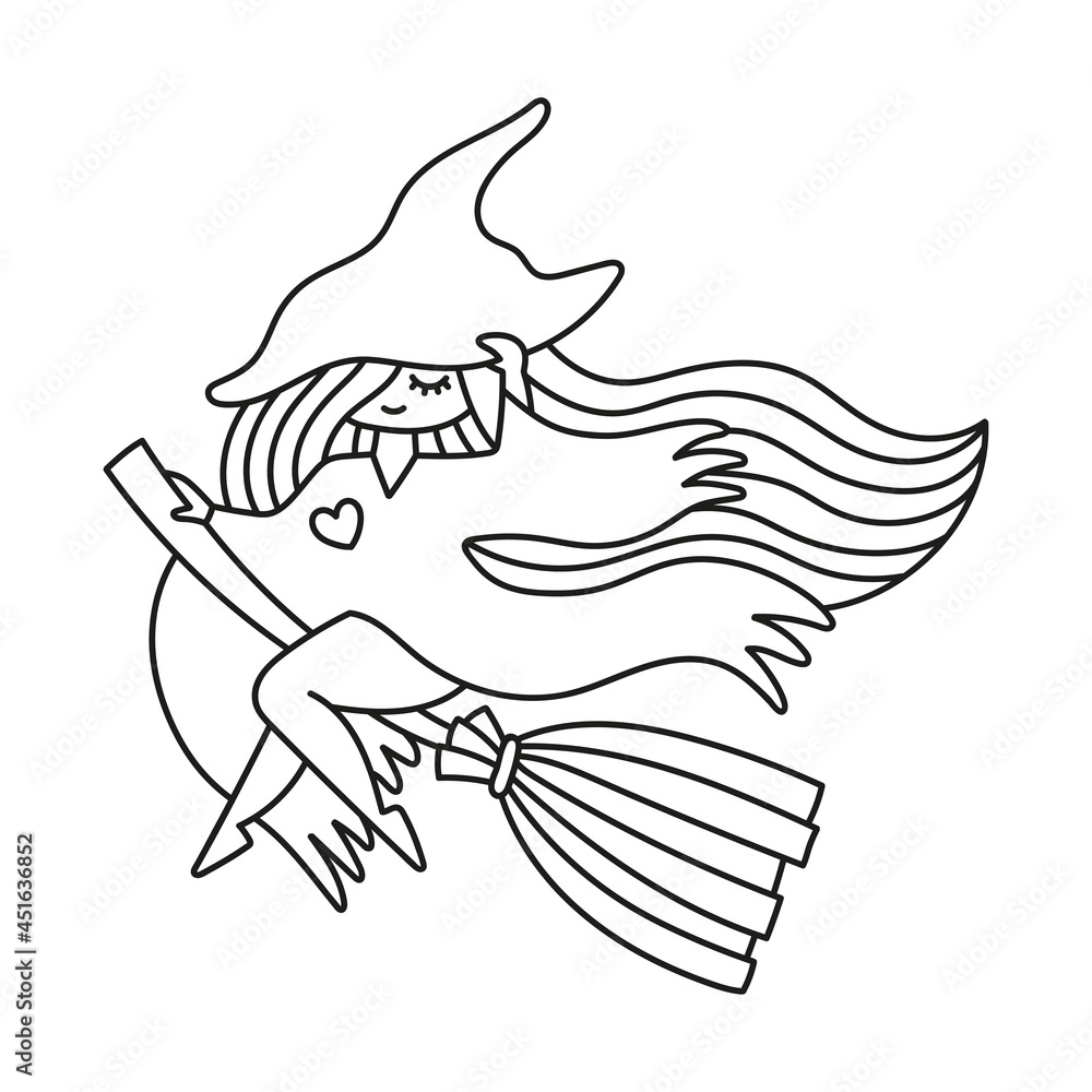 Witch flying on the broom. Cute sorcery girl wearing a witchy hat ...