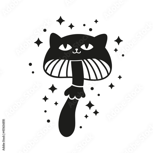 Cute musroom with sparkles. Black cat mushroom. Funny plant illustration. Black and white vector silhouette photo