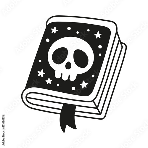 Black magic book. Cover with skull. Witch grimoire. Ritual object. Cute doodle style. Isolated vector black and white illustration.