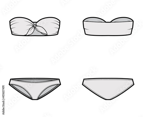 Set of lingerie - strapless tie bra and bikinis panties technical fashion illustration swimwear. Flat brassiere apparel template front back grey color style. Women, men, unisex underwear CAD mockup